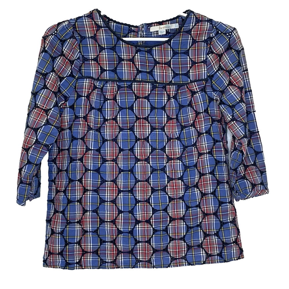 Boden Charlotte Blue Plaid Eyelet Top Womens Size 10 Round Neck 3/4 Sleeve Lined